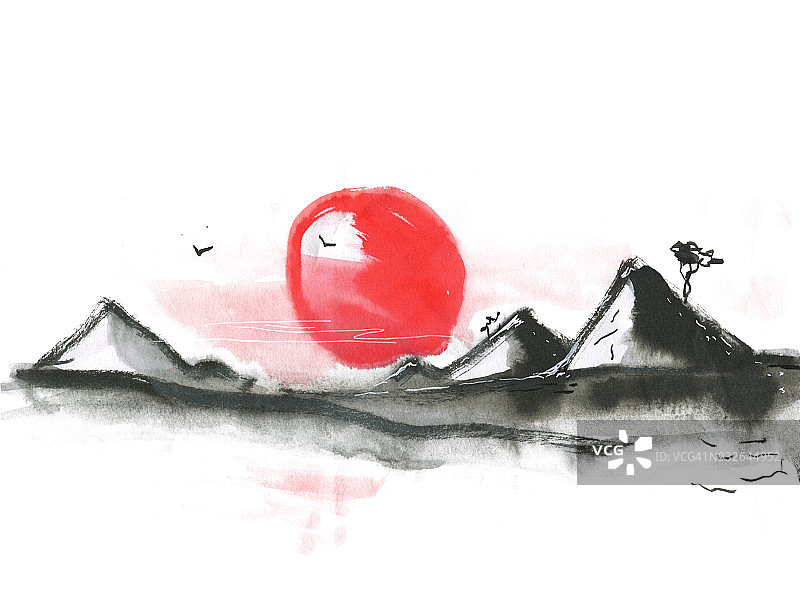 日本风格的山。水彩手绘插画图片素材