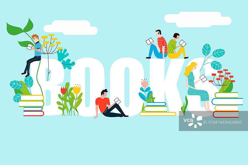快乐的人阅读书籍的文本-矢量彩色插图孤立的背景图片素材