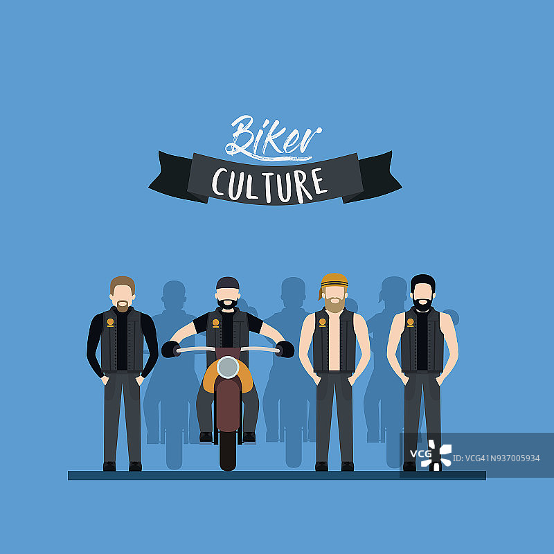 摩托车文化海报，一群男人站着，男人在经典的摩托车和蓝色背景图片素材