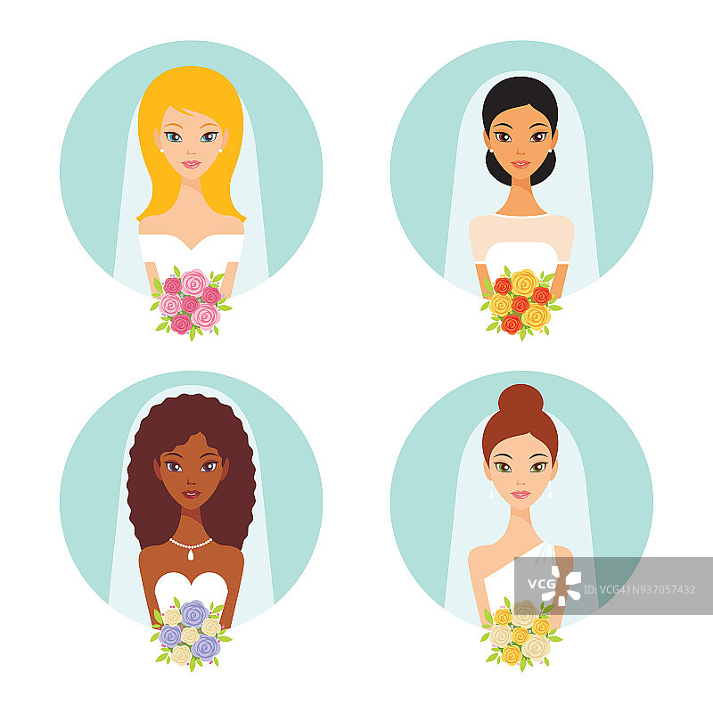 年轻美丽的新娘与各种肤色和发型矢量图标集图片素材
