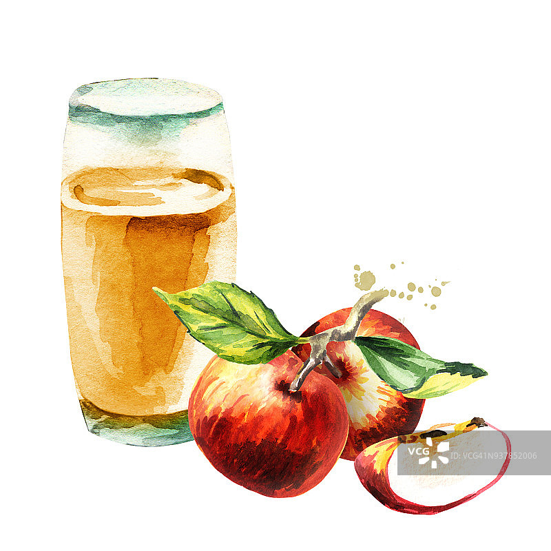 苹果汁。水彩手绘插图图片素材