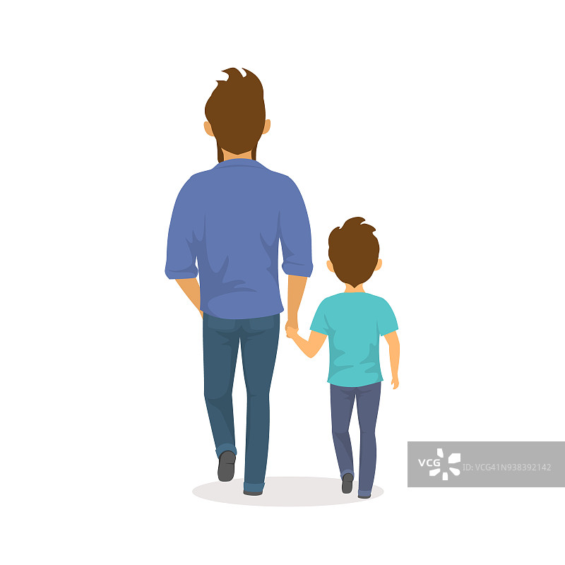 父子手牵着手走在一起，快乐的父亲节背后，侧观孤立矢量插图场景图片素材