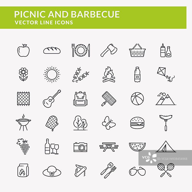 野餐和烧烤线图标。图片素材
