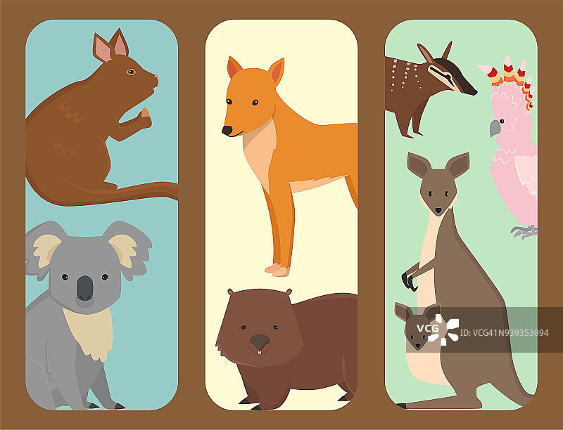 澳大利亚野生动物手册卡通流行的自然人物平面风格的哺乳动物收集矢量插图图片素材