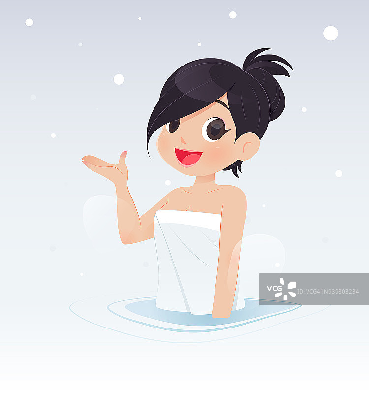 以雪为背景，以温泉为背景的亚洲女人为例。图片素材