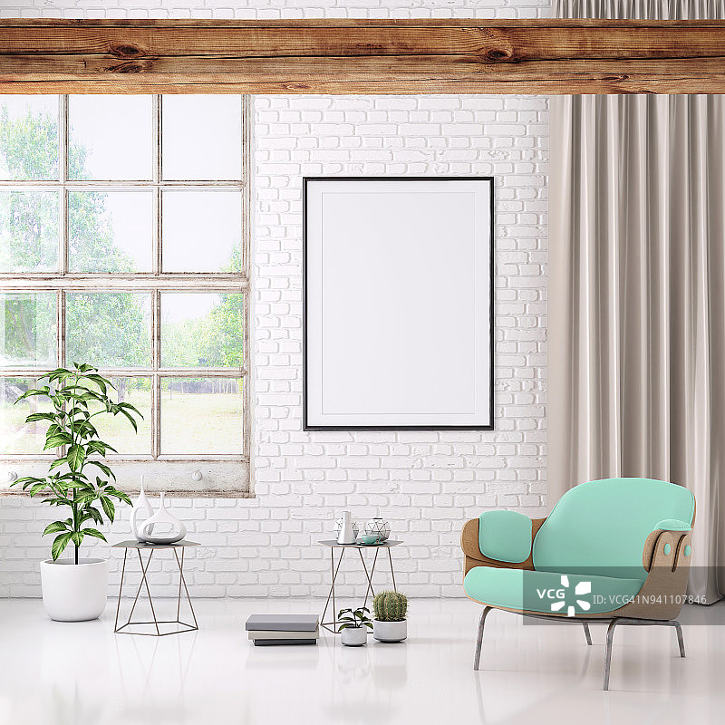 现代室内柔和的彩色扶手椅和画框模板图片素材