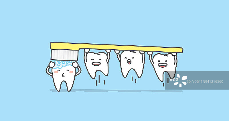 牙齿字符正在刷牙的牙齿插图矢量在蓝色的背景。牙科的概念。图片素材