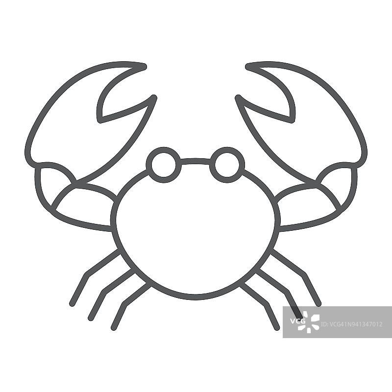 蟹细线图标，动物和水下，水产符号矢量图形，白色背景上的线性图案，eps 10。图片素材