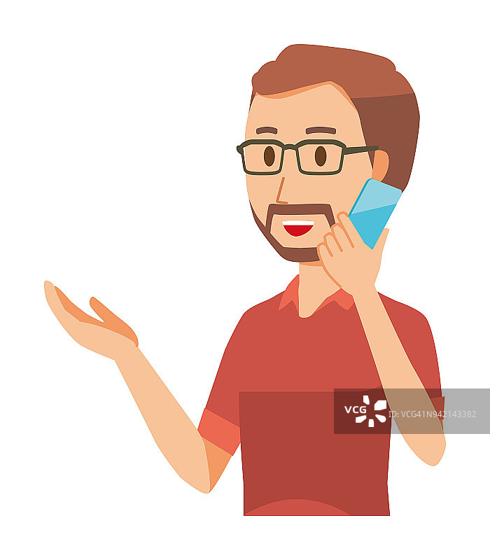 一个戴着眼镜的大胡子男人正在用智能手机打电话图片素材
