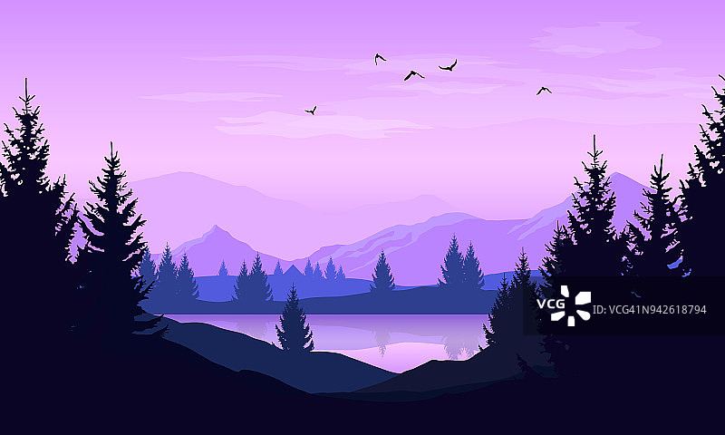 向量卡通景观与树，山和湖的紫色剪影图片素材