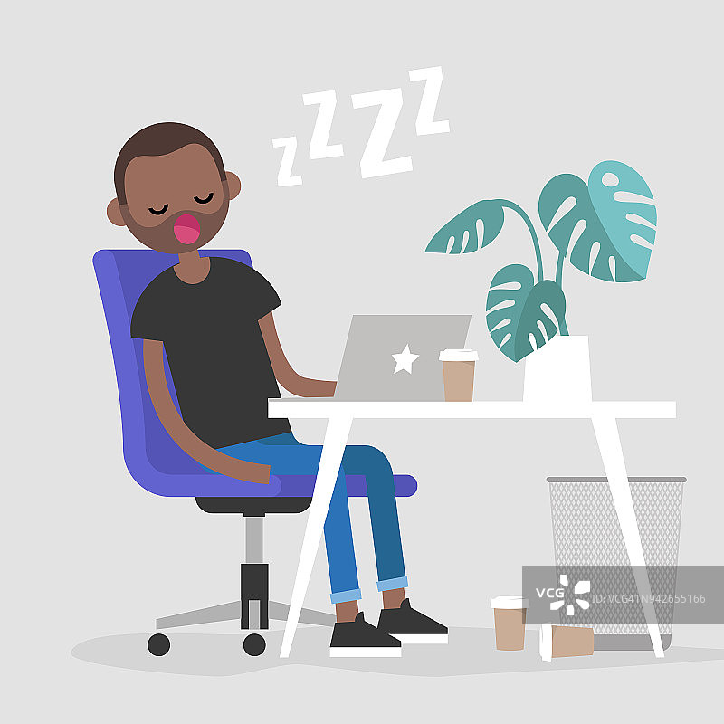 年轻疲惫的黑人雇员在工作场所睡觉。小睡。办公室。平面可编辑矢量插图，剪辑艺术图片素材