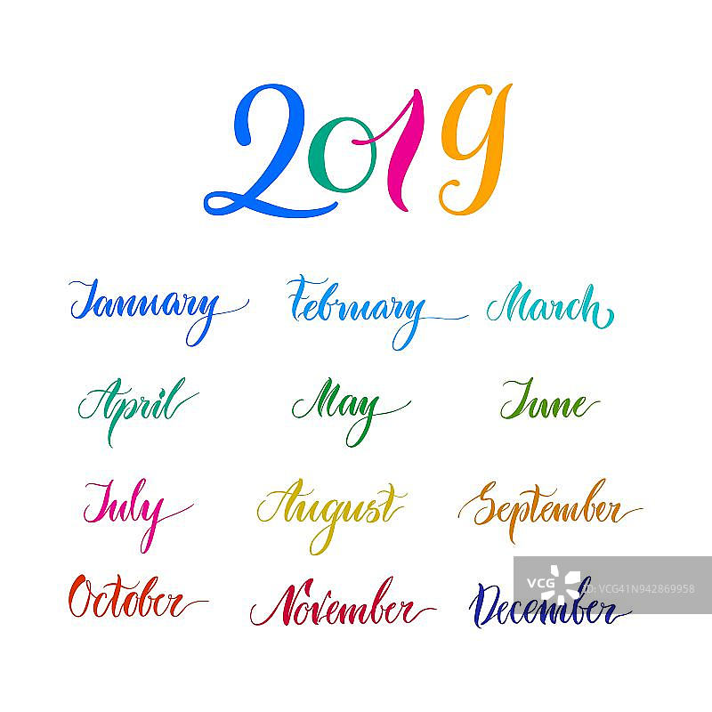 2019年，多色名月，日历，字母图片素材