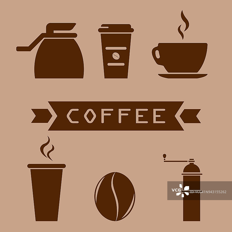一杯咖啡，一个咖啡壶，一个咖啡研磨机，一粒咖啡。扁平风格的玻璃。咖啡图标。图片素材