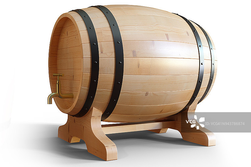 3D插图木桶酒孤立在白色的背景。木桶酒精饮料，如葡萄酒、白兰地、朗姆酒、白兰地。图片素材