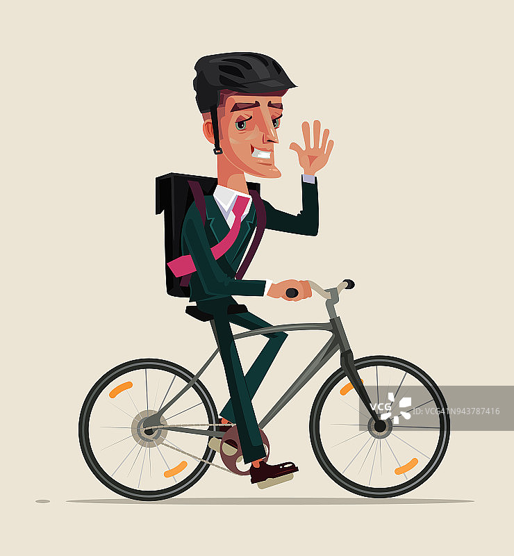 快乐微笑的办公室职员商人角色在商务套装骑着自行车和去工作和挥手。健康的生活方式自行车自行车概念。矢量平面卡通图形设计孤立插图图片素材