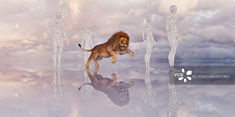 跳跃的狮子与玻璃男性形象图片素材