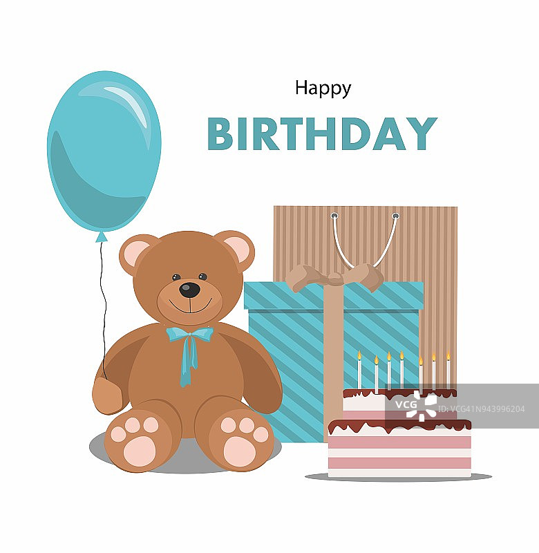 生日插图与泰迪熊，气球，礼物和蛋糕图片素材