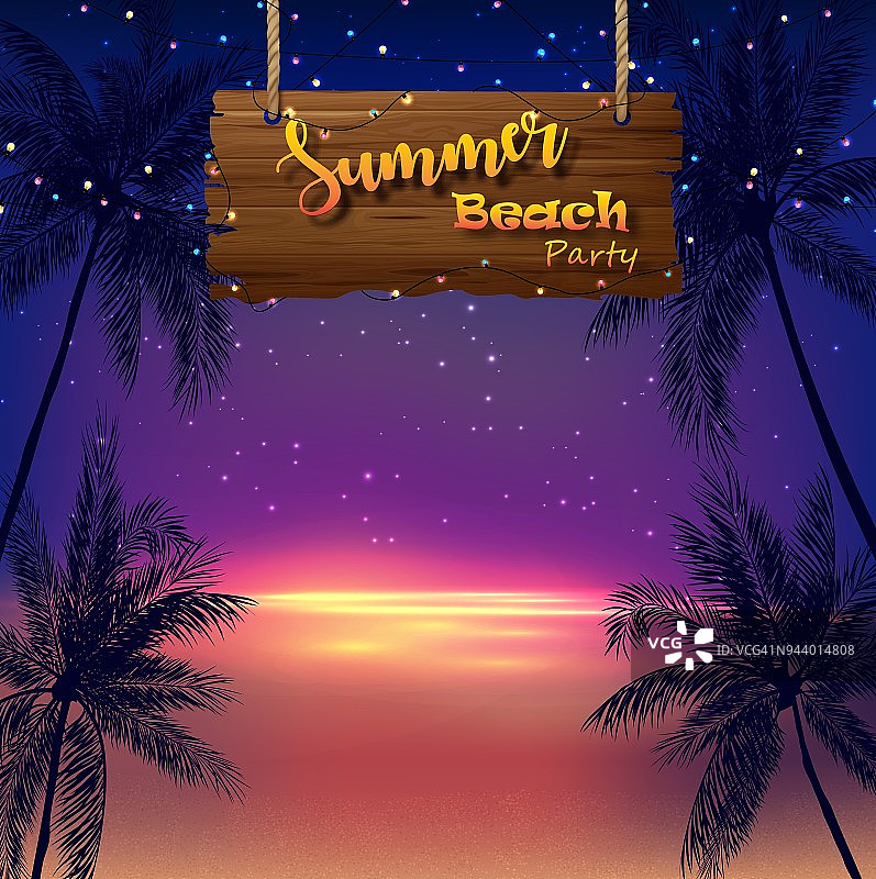 夏天海滩派对。热带棕榈树和木制标志在夜晚的背景图片素材