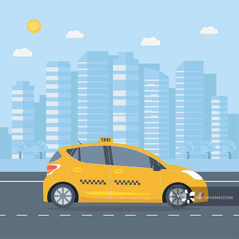 海报和机器黄色出租车在城市。公共出租车图片素材