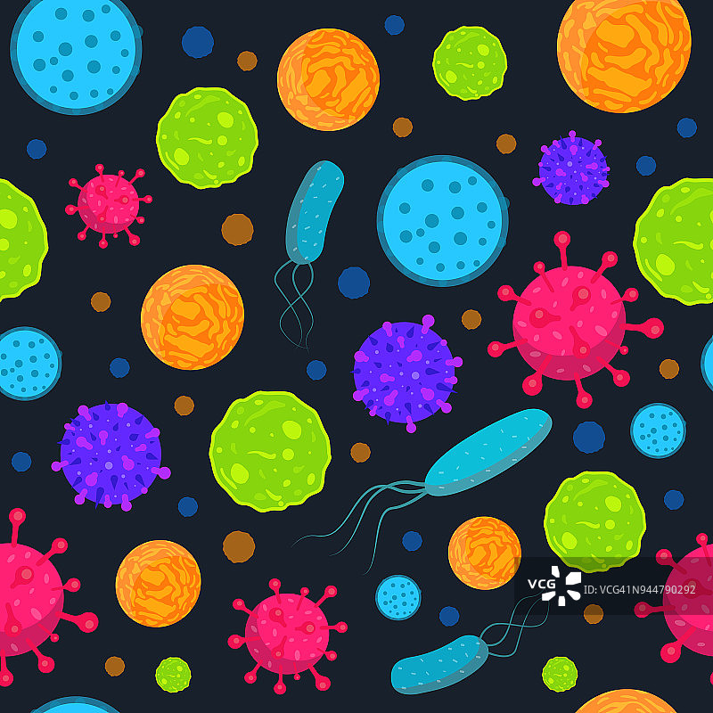 细菌和病毒的无缝有趣模式。感染细菌和病毒背景载体生物学打印。微生物无缝模式图片素材
