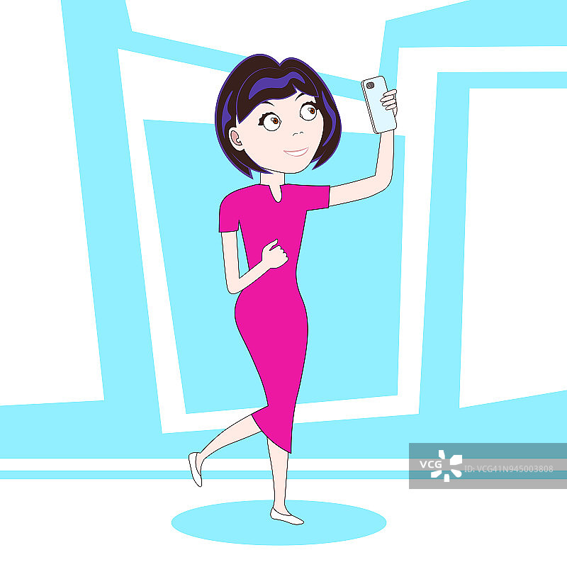穿着粉色连衣裙的年轻女子手持手机卡通人物图片素材