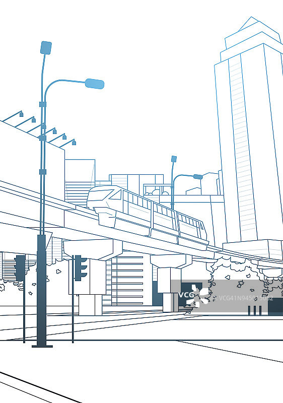 现代城市视图，城市景观与铁路桥在白色背景细线图片素材