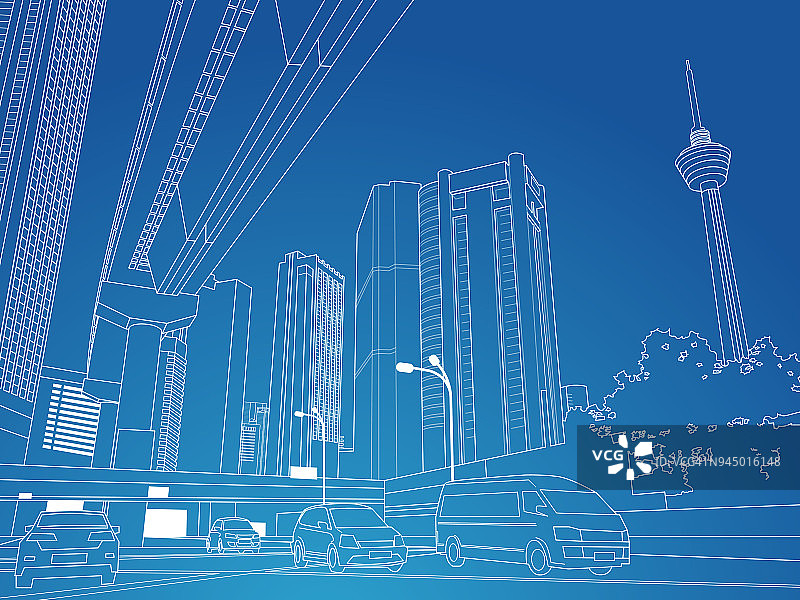 城市市中心与摩天大楼和汽车在道路上细线在蓝色背景图片素材