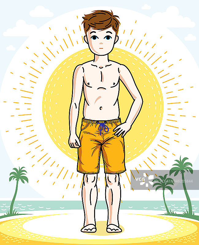 孩子年轻男孩可爱的站着穿着时尚的沙滩短裤。向量有吸引力的孩子插图。时尚生活主题卡通。图片素材