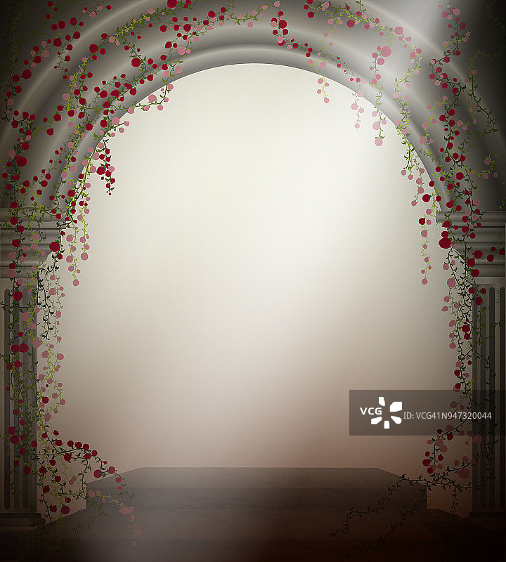 两根大理石柱和卷曲的红玫瑰拱门，古色古香的花园浪漫之地，剧院装饰，图片素材