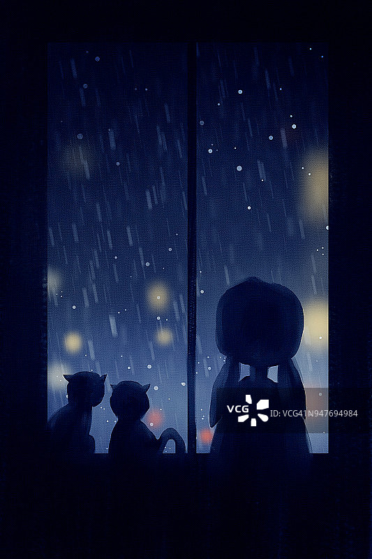 数码画的两只猫和女孩在窗户在雨天，丙烯酸帆布纹理，讲故事的插图图片素材