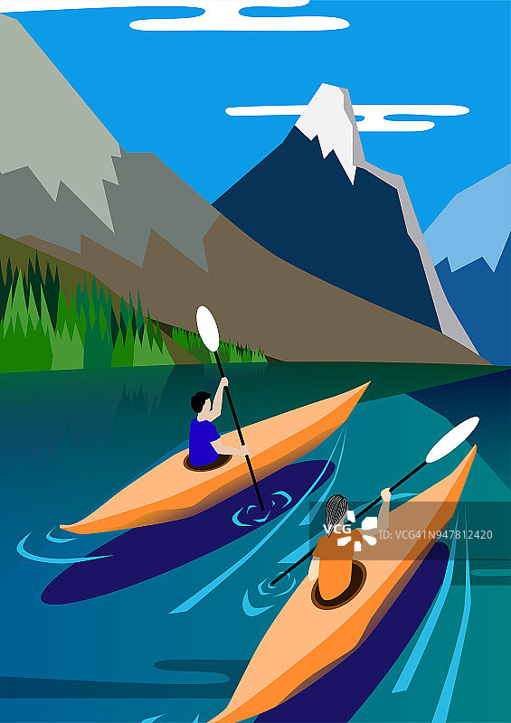 皮划艇漂浮在湖面上，背景是群山、自然、宁静。矢量插图的海报。图片素材
