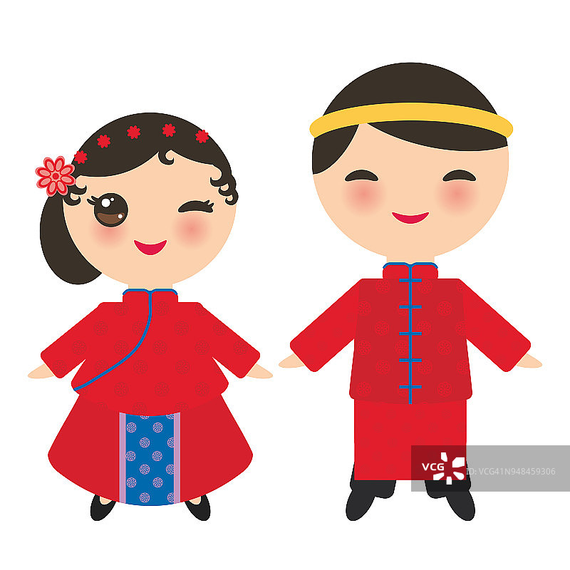 中国男孩和女孩穿着民族服装和帽子。卡通儿童穿着中国传统服装。孤立在白色背景上。向量图片素材