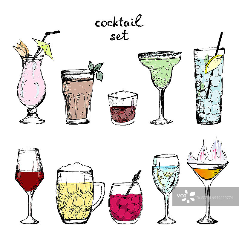 鸡尾酒-一套彩色手绘饮料图片素材
