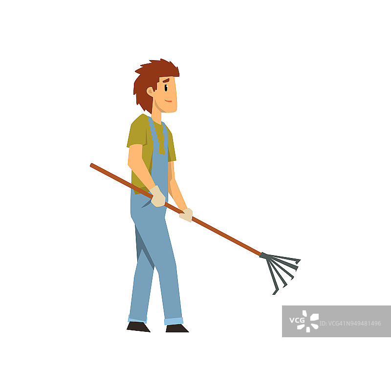 男性农民与挑风扇刮板，农场工人与园艺工具矢量插图在白色背景图片素材