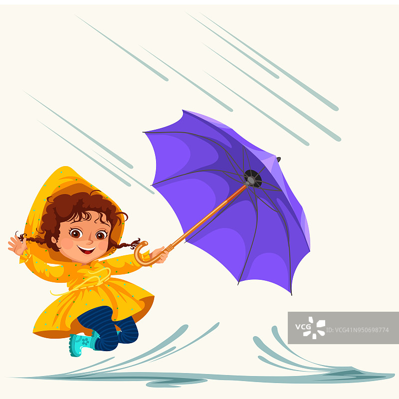 孩子们撑着雨伞在雨天下行走，雨点正滴进水坑里，雨中男孩或女孩穿着防水夹克和胶靴跳过水矢量插图图片素材
