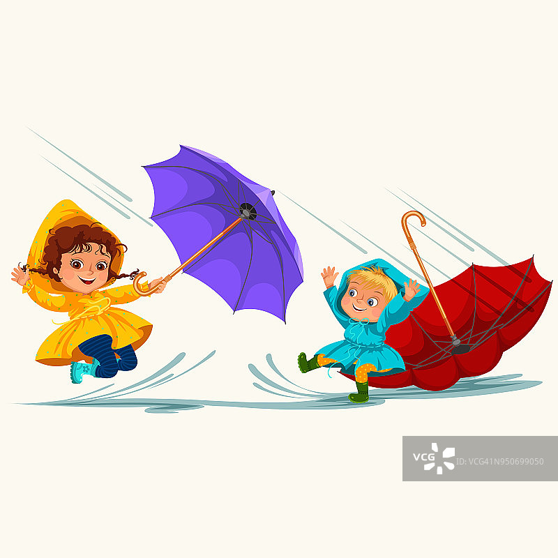 孩子们撑着雨伞在雨天下行走，雨滴都滴进水坑里，雨中男孩女孩穿着防水夹克和胶靴跳过水矢量插图图片素材