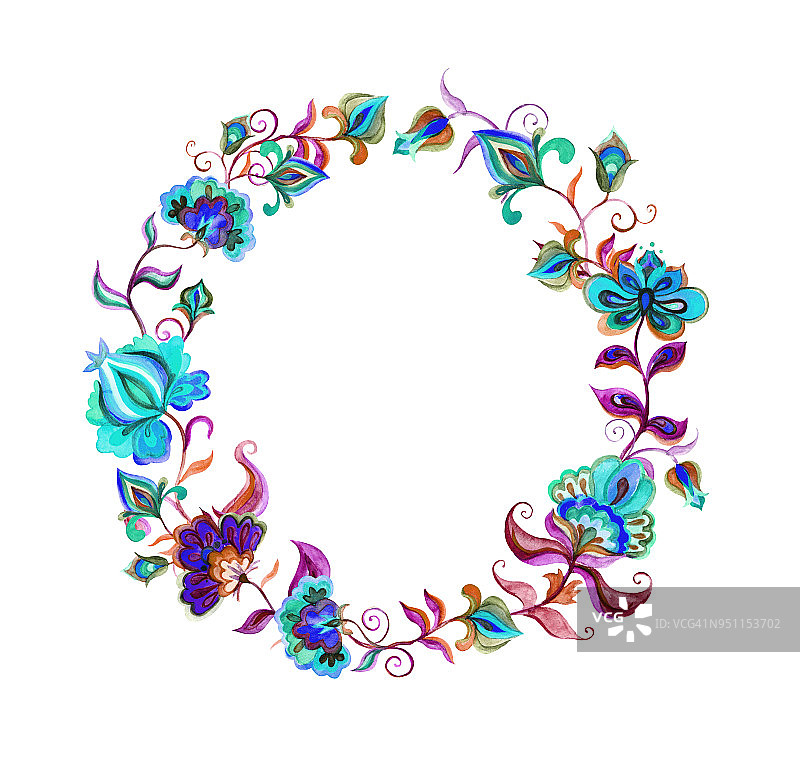 装饰的民间艺术花-斯拉夫图案的花圈。水彩圆图片素材