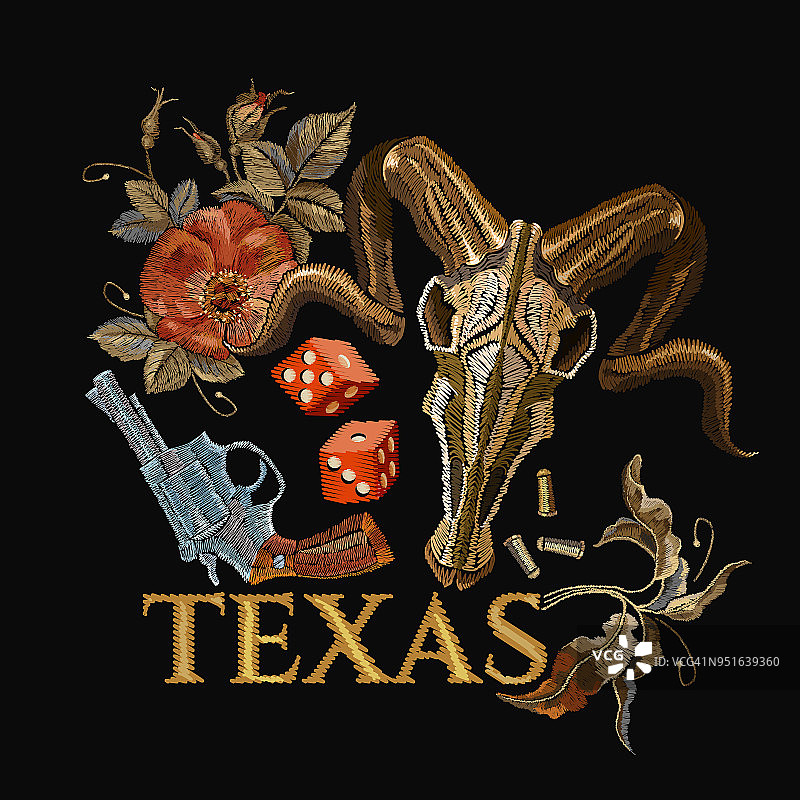 刺绣公牛头骨，枪支，骰子，德州口号。赌场的概念。狂野西部刺绣老式左轮手枪，玫瑰，野牛头骨，黑帮哥特式拉斯维加斯艺术图片素材