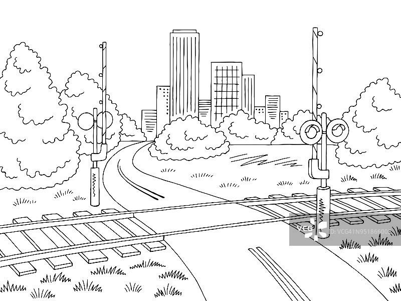 铁路交叉口道路图形黑白城市景观草图插图向量图片素材