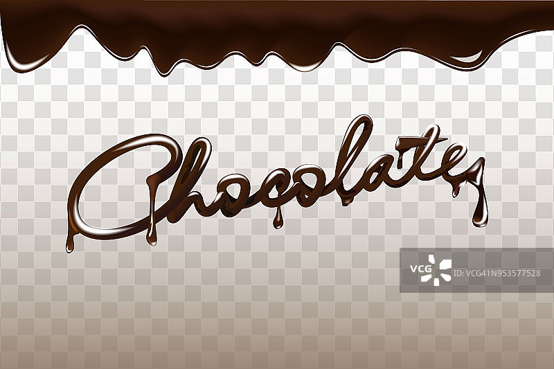巧克力手绘三维字体设计矢量插图。液体黑巧克力孤立在透明背景。图片素材