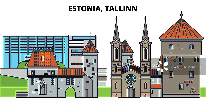 爱沙尼亚塔林。城市天际线，建筑，建筑，街道，剪影，景观，全景，地标。可编辑的中风。平面设计线矢量插图概念。孤立的图标图片素材