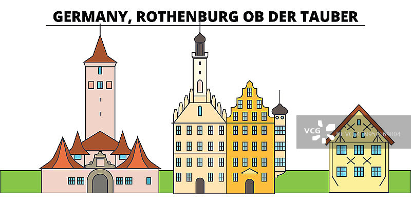 德国Rothenburg Ob Der Tauber。城市天际线，建筑，建筑，街道，剪影，景观，全景，地标。平面设计线矢量插图概念。孤立的图标图片素材