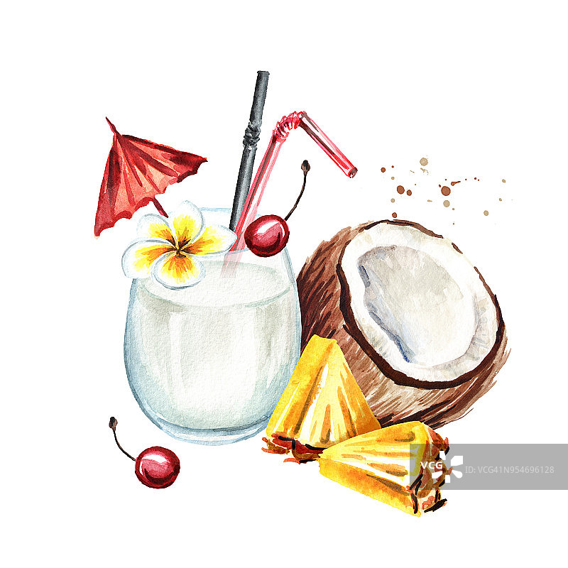 冰镇果汁朗姆酒鸡尾酒。水彩手绘插图，孤立的白色背景图片素材