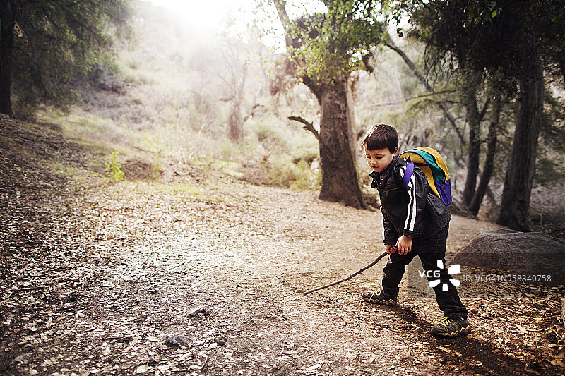 男孩拿着棍子站在森林的田野上图片素材
