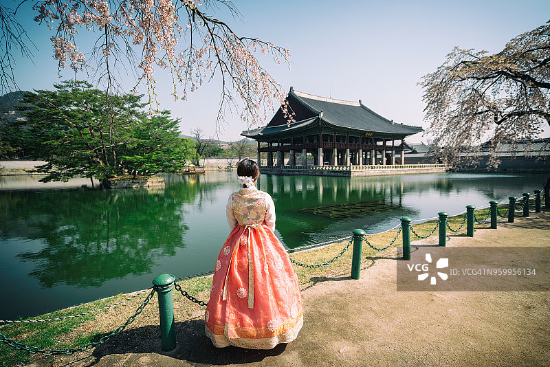 在韩国首尔，年轻的亚洲女性游客穿着韩国服饰或韩服，在蓝天白云的春天，带着樱花或叫樱花进入京福宫。图片素材