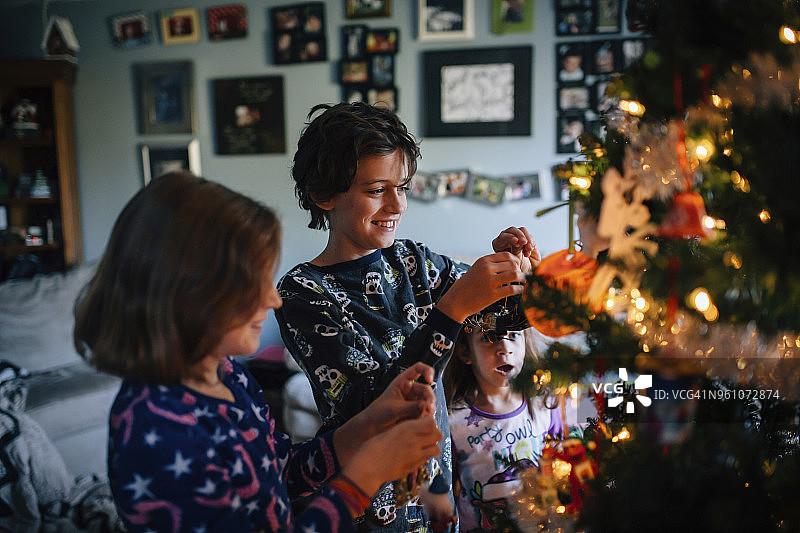 兄弟姐妹在家里装饰圣诞树图片素材