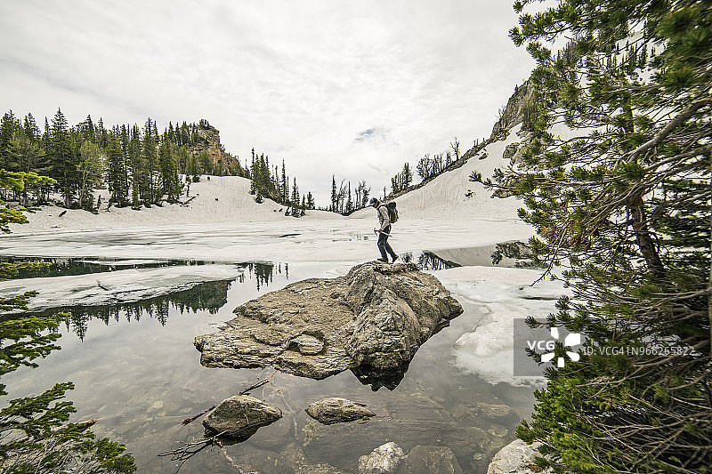 人站在湖上的岩石上，对着天空的侧视图图片素材