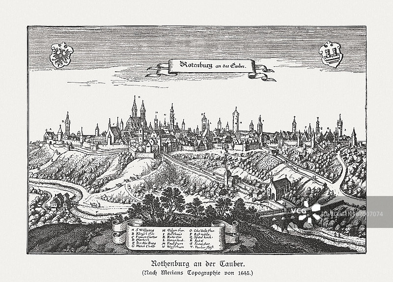 陶伯Rothenburg ob der Tauber，在梅里安-1645年之后，木刻，1897年出版图片素材