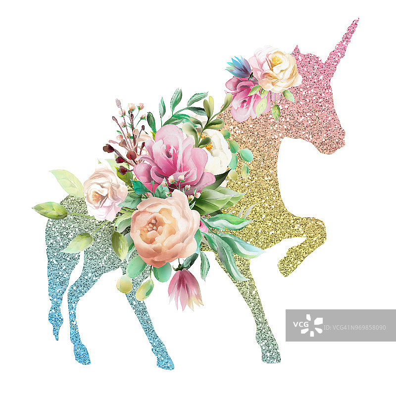 美丽的，彩色的独角兽，神奇的马，飞马剪影，彩虹色与闪闪发光的金色和水彩花，花束图片素材