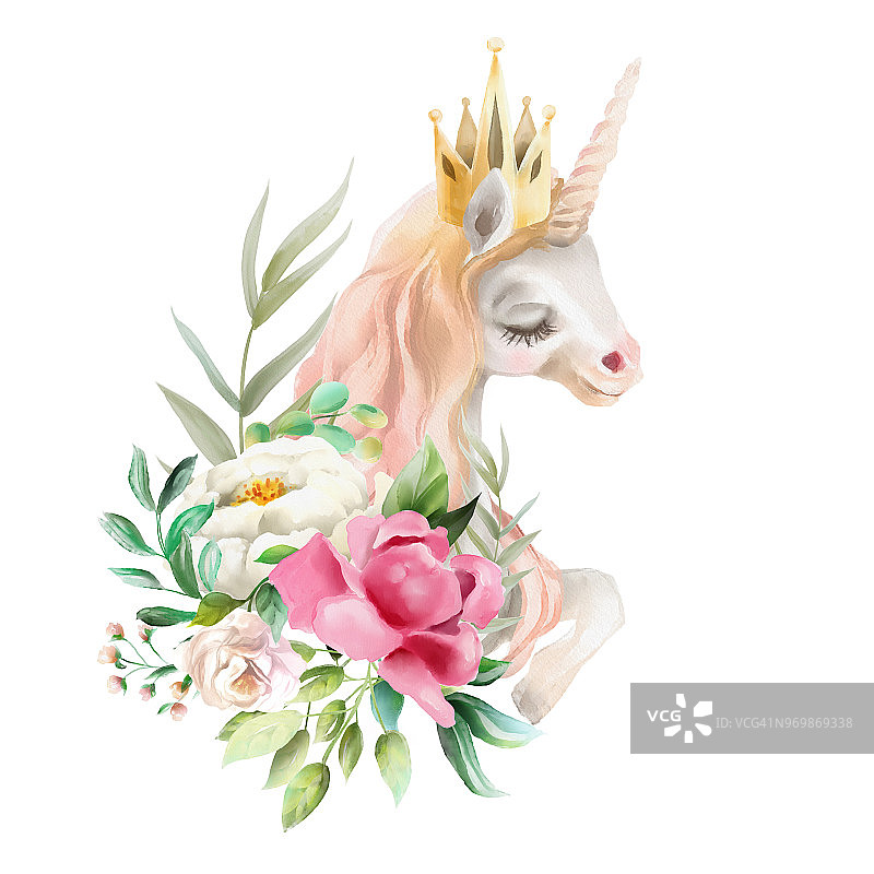 美丽，可爱，水彩独角兽头与花，金色皇冠，花束孤立在白色图片素材